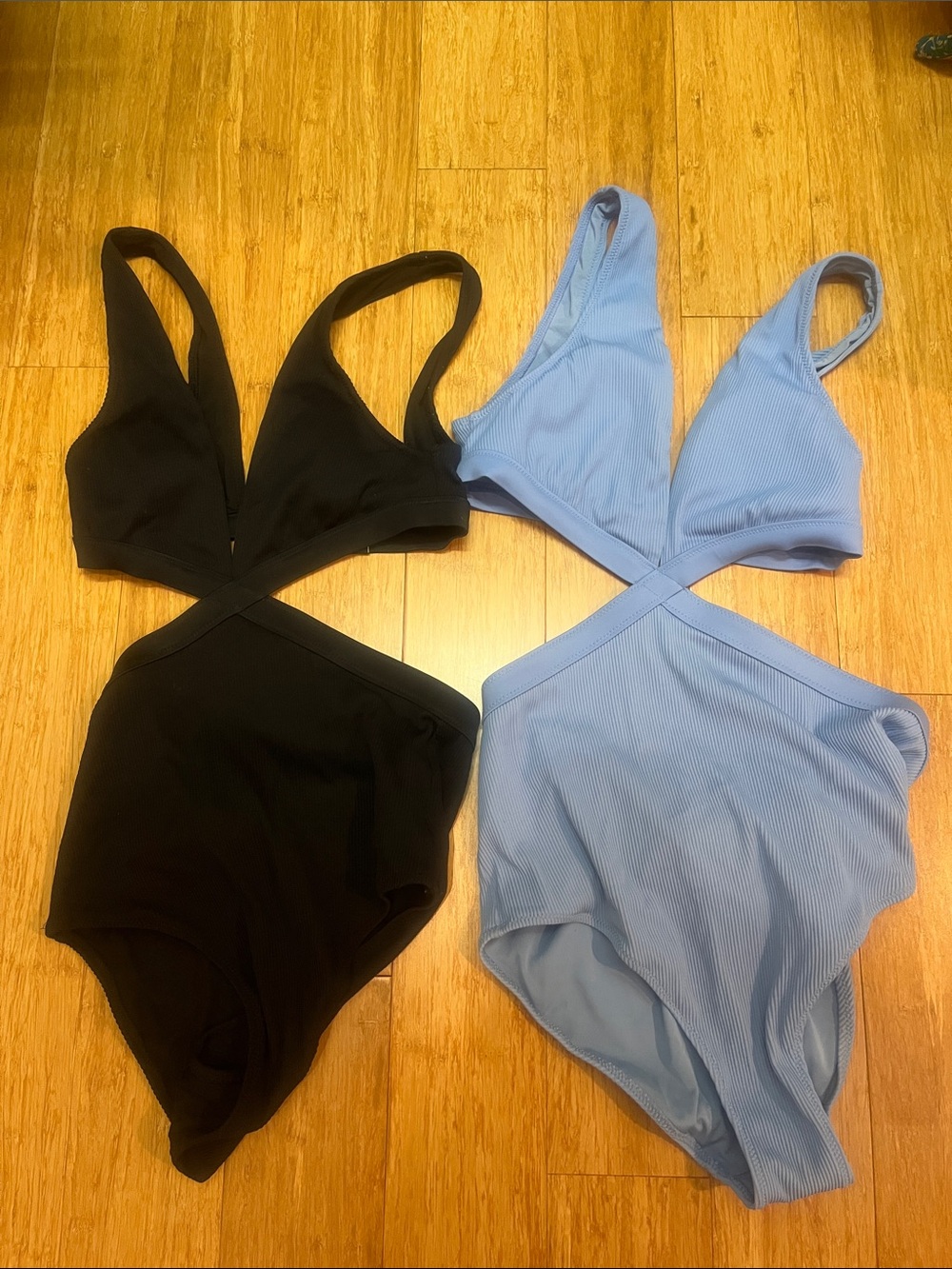 Crisscross One-Piece Swimsuits - Black & Light Blue
